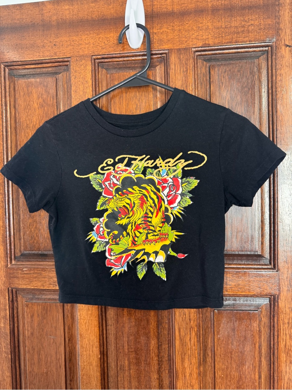 Ed Hardy Black Crop Top with Yellow & Red Tiger Graphic